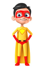 Wall Mural - Cheerful little boy super hero in yellow suit isolated on white background. 3d render illustration.