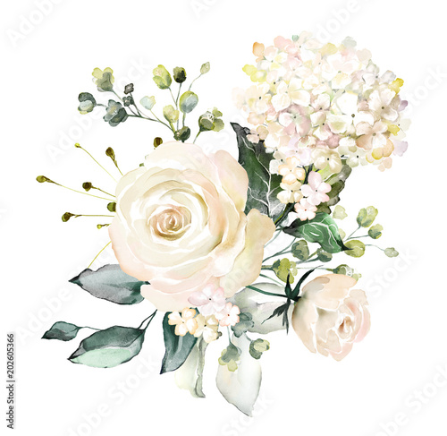 Dekoracja na wymiar  kwiaty-akwarelowe-ilustracja-kwiatowy-lisc-i-paki-kompozycja-botaniczna-na-slub-lub