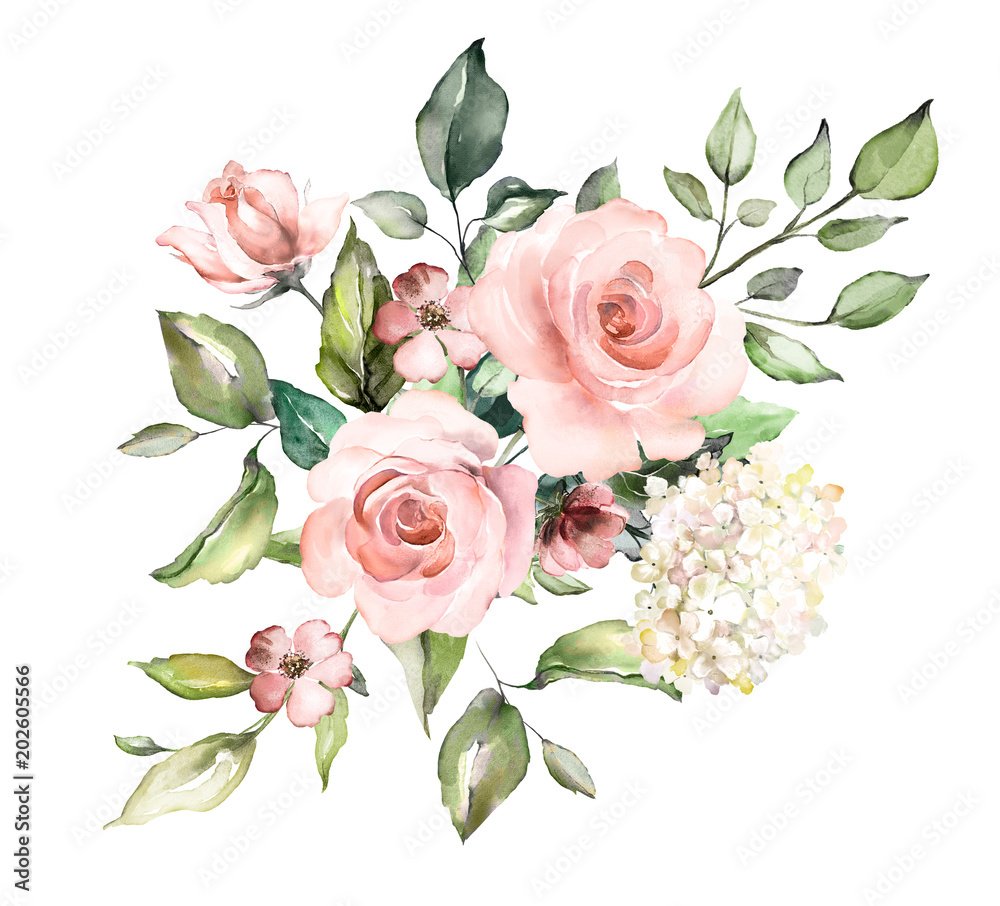  watercolor flowers. floral illustration, Leaf and buds. Botanic composition for wedding or greeting card.  branch of flowers - abstraction roses, romantic - obrazy, fototapety, plakaty 