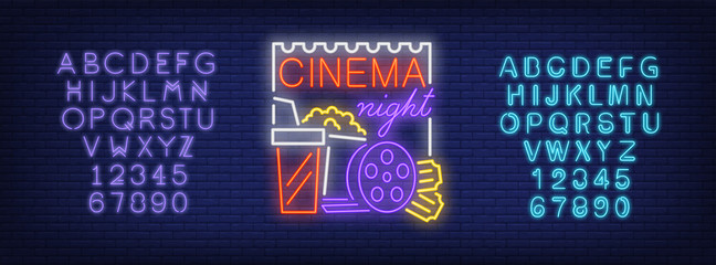 Aufkleber - Cinema night and alphabet neon sign set. Popcorn box, takeaway drink, film reel, violet and blue letters and numbers. Night bright advertisements. Vector illustrations in neon style for night movie