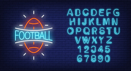 Aufkleber - Football and alphabet neon sign set. Rugby ball shape and blue letters and numbers. Night bright advertisements. Vector illustrations in neon style for sport bar or online broadcasting