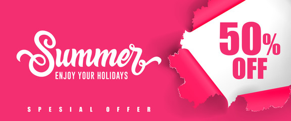 Wall Mural - Summer Enjoy your holidays Fifty percent off lettering. Creative inscription with swirl elements on pink background. Handwritten text, calligraphy. Can be used for greeting cards, posters and leaflets