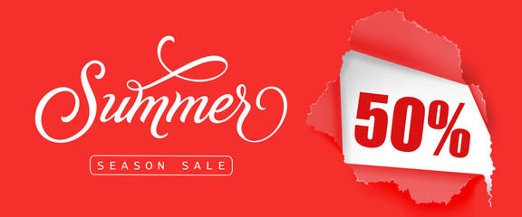 Wall Mural - Summer season sale Fifty percent lettering. Creative inscription with swirl elements on red background. Handwritten text, calligraphy. Can be used for greeting cards, posters and leaflets