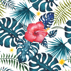 Sticker - Seamless Tropical pattern of Palm leaf. Watercolor background