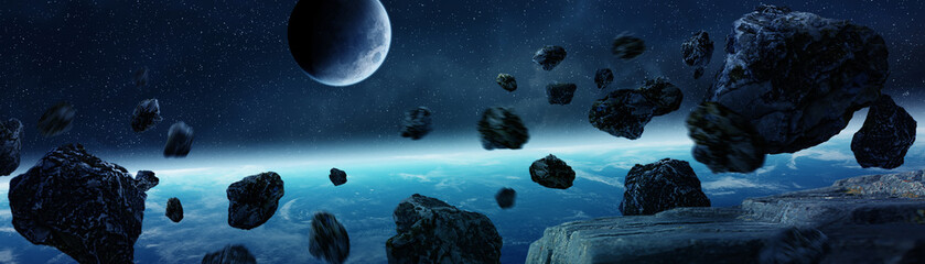 Wall Mural - panoramic view of planet earth with asteroids flying close 3d rendering elements of this image furni