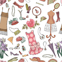 Seamless Pattern Of Fashion Accessories, Vintage Style. Vector Background.