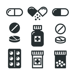 Medical pills and bottles icons set