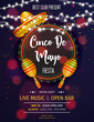 Cinco De Mayo invitation design for celebration of the Mexican holiday with blurred bokeh lights in the background.