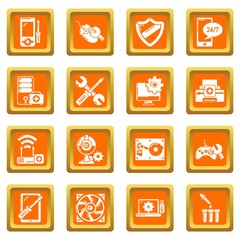 Poster - Computer repair service icons set vector orange square isolated on white background 