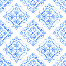 Hand Drawn Watercolor Ornament, Blue Seamless Pattern, Vintage Repeating Background. Art Wallpaper Illustration.