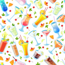Seamless Vector Pattern With Tropical Alcohol Cocktails. Beverages And Drinks Bar, Restaurant White Background