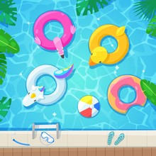 Swimming Pool With Colorful Floats, Top View Vector Illustration. Kids Inflatable Toys Flamingo, Duck, Donut, Unicorn.