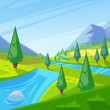 Summer, spring green landscape. Vector illustration of hills, meadows and mountains.