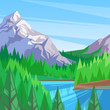 Lake in mountain valley, vector illustration. Landscape background. River surrounded by pine forest.