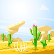 Desert landscape, vector illustration. Cactuses, rocks and sand dunes cartoon background. Summer travel concept.