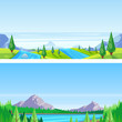 Seamless horizontal landscape background. Vector illustration of mountains, hills, meadows, lake and river.