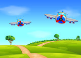 Fototapeta Dinusie - two air plane flying over field