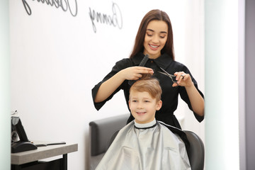 Wall Mural - Professional female hairdresser working with little boy in salon