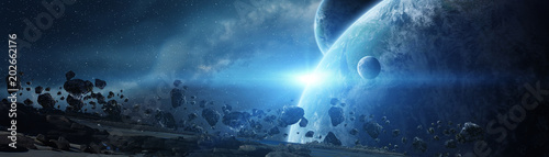 Fotografía Panoramic view of planets in distant solar system 3D rendering elements of this
