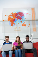 Fototapete - Futuristic interface with the world map  against creative team in office