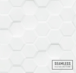 Poster - Seamless hexagon with bevel pattern, White geometric background, 3d polygon volumetric vector backdrop.