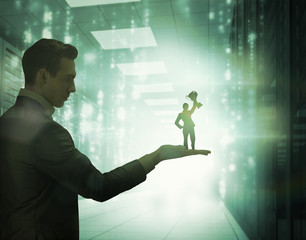 Poster - Businesswoman showing a cup held by giant businessman against matrix falling in data center