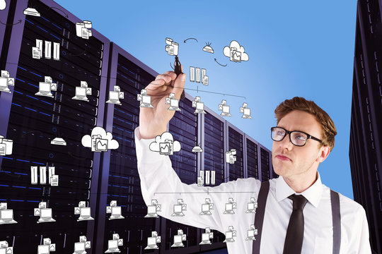 Geeky businessman writing with marker against cloud computing doodle