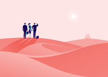 Vector Business Concept Illustration With Business People Standing At Desert Hill & Watching On Horizon City. Metaphor For New Aims, Goal, Purpose, Achievements And Aspirations, Motivation, Overcoming