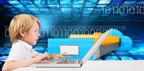 Poster - cute boy using laptop against composite image of cloud computing drawer