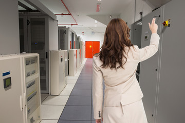 Canvas Print - Brunette businesswoman standing back to camera against data center