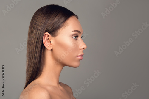 Side View Profile Of Attractive Woman With Mild Skin And Naked Body Her Look Is Tranquil Copy Space In Right Side Isolated On Background Stock Photo Adobe Stock