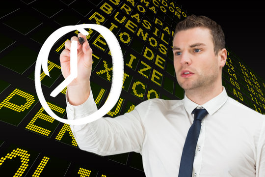 Composite image of business person drawing a white clock against black airport departures board for south america