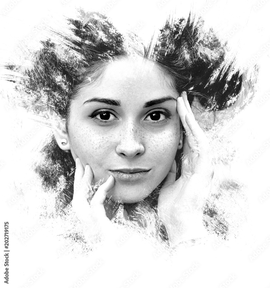 Double exposure of a young girl creative portrait. Art Dramatic portrait of a woman. Unique artistic effect. Abstract watercolor illustration. Picture isolated on white background. - obrazy, fototapety, plakaty 