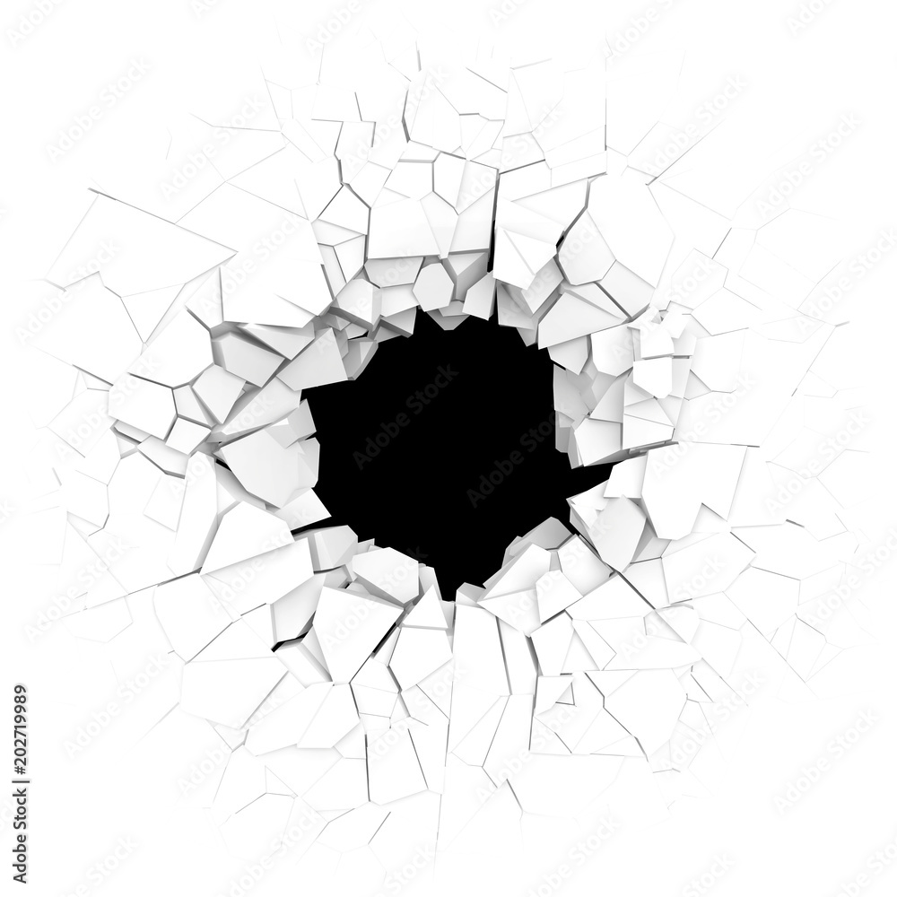 Broken white wall with a hole in the center. 3d illustration. - obrazy, fototapety, plakaty 