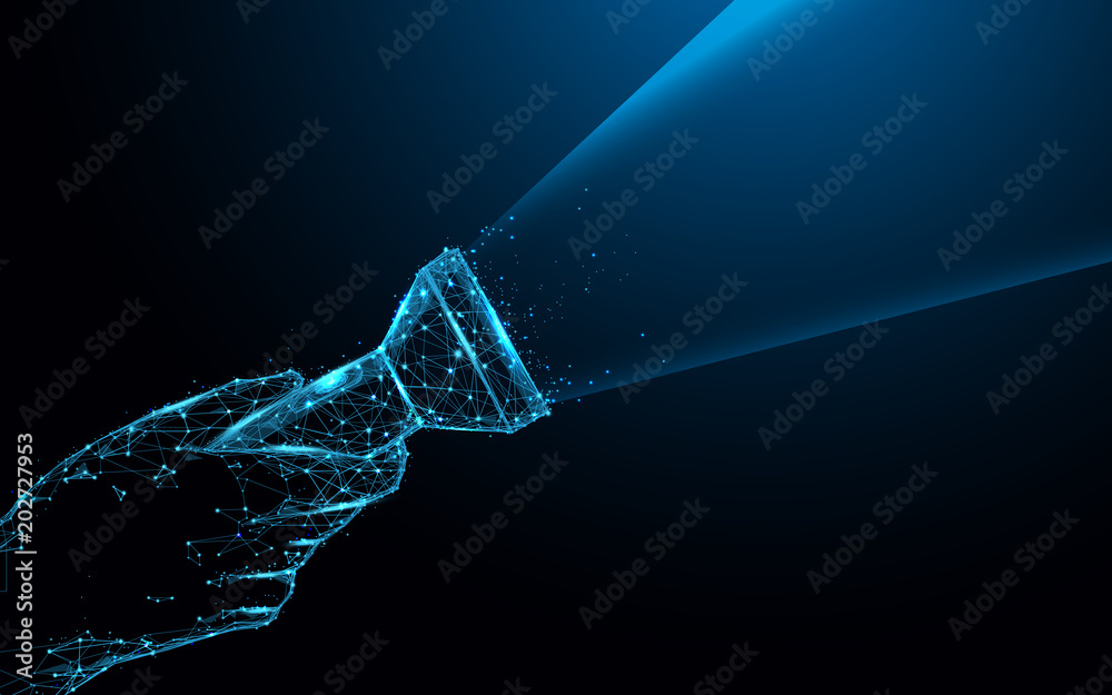 Hand holding a flashlight form lines and triangles, point connecting network on blue background. Illustration vector - obrazy, fototapety, plakaty 