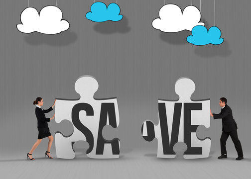 The word save and businesswoman pushing against grey jigsaw pieces
