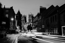 Sundown Of Central York, UK, With York Minster Cathedral On The Back. Black And White