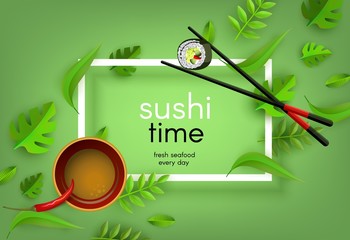 Sushi japanese seafood banner with chopsticks holding fresh roll, bowl with soy sauce and red chili pepper and spice leaves isolated on green gradient background with white frame. Vector illustration.