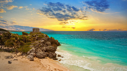 Wall Mural - Caribbean beach at the cliff in Tulum at sunset, Mexico