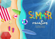 Summer vacation background vector. Top view summer background vector in beach with umbrellas, balls, swim ring, sunglasses, surfboard, hat, sandals, juice, starfish and sea. 