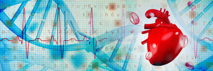 Poster - digitally generated image of heart against red ecg line with faint helix