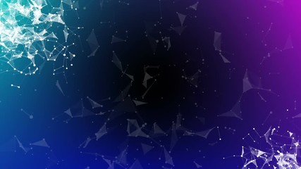 Poster - The accumulation of interacting particles in the corners of the screen. plexus business cinematic background. Place for text. Multicolored background. Seamless loop.