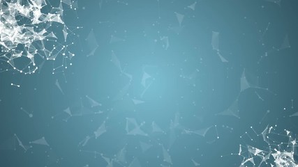 Poster - The accumulation of interacting particles in the corners of the screen. plexus business cinematic background. Place for text. Light blue background. Seamless loop.