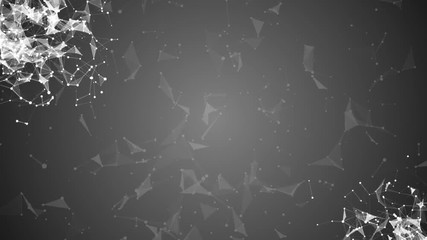 Poster - The accumulation of interacting particles in the corners of the screen. plexus business cinematic background. Place for text. Light gray background. Seamless loop.