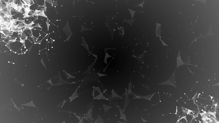 Poster - The accumulation of interacting particles in the corners of the screen. plexus business cinematic background. Place for text. Gray background. Seamless loop.