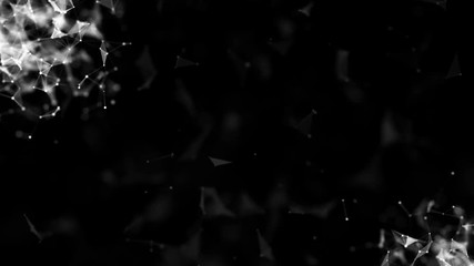 Poster - The accumulation of interacting particles in the corners of the screen. plexus business cinematic background. Depth of field. Place for text. Black background. Seamless loop.