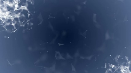 Poster - The accumulation of interacting particles in the corners of the screen. plexus business cinematic background. Depth of field. Place for text. Dark blue background. Seamless loop.