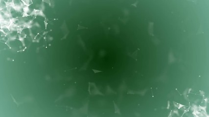 Poster - The accumulation of interacting particles in the corners of the screen. plexus business cinematic background. Depth of field. Place for text. Dark green background. Seamless loop.