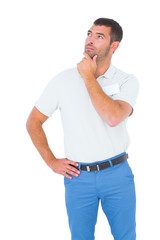 Poster - Technician with hand on chin looking up over white background
