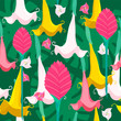 Colorful graphic illustration of bright summer tropical flowers in bloom and leaves from the southern jungle. Vector illustration, seamless pattern, wallpaper, isolated on a dark green background.